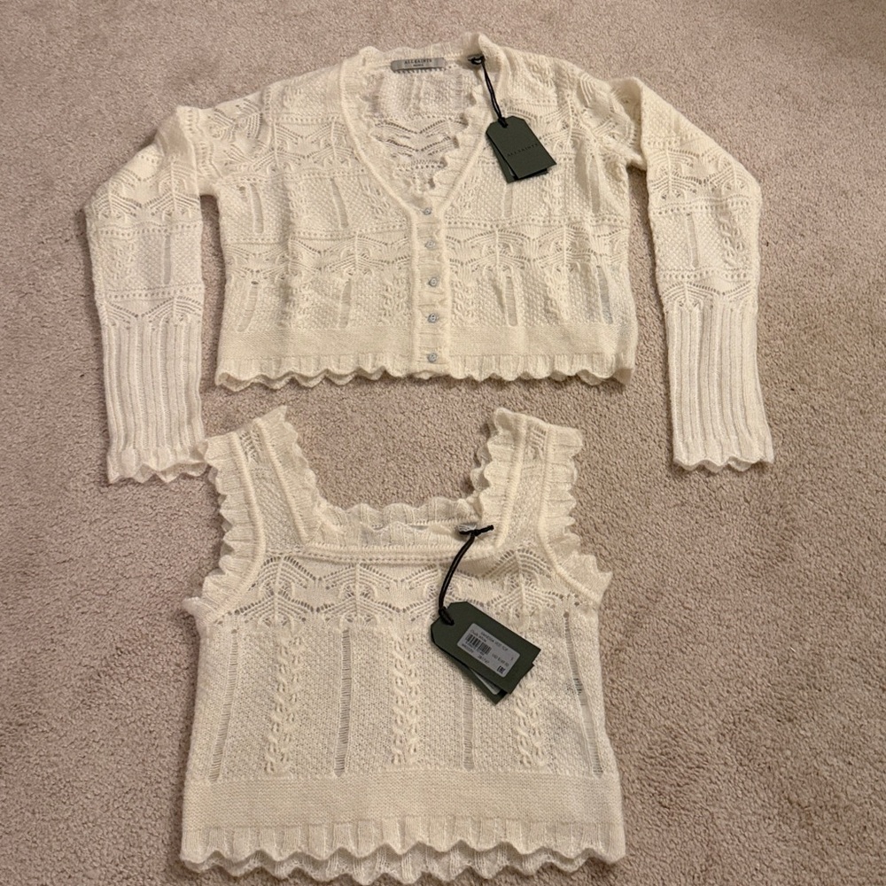All Saints Cream Button-Front Openwork Vanessa Sweater Cardigan and Vest Top
